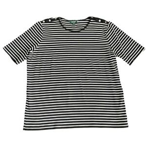 Lauren Ralph Lauren Black White Striped Button Shoulder Knit Top Plus Size 2X